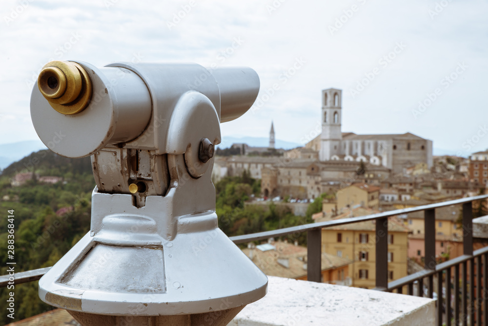Photograph of the panorama of Perugia, from the location of a telescope for tourists.