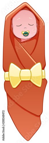 European baby wrapped in orange swaddling clothes