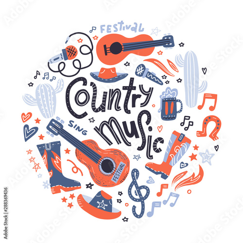 Round print with symbols of country music and hand drawn lettering in the center. Circle concept on white background.
