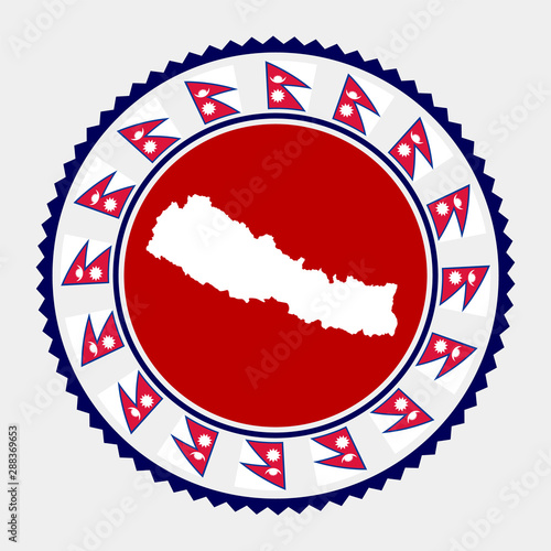 Nepal flat stamp with map and flag. Vector illustration.