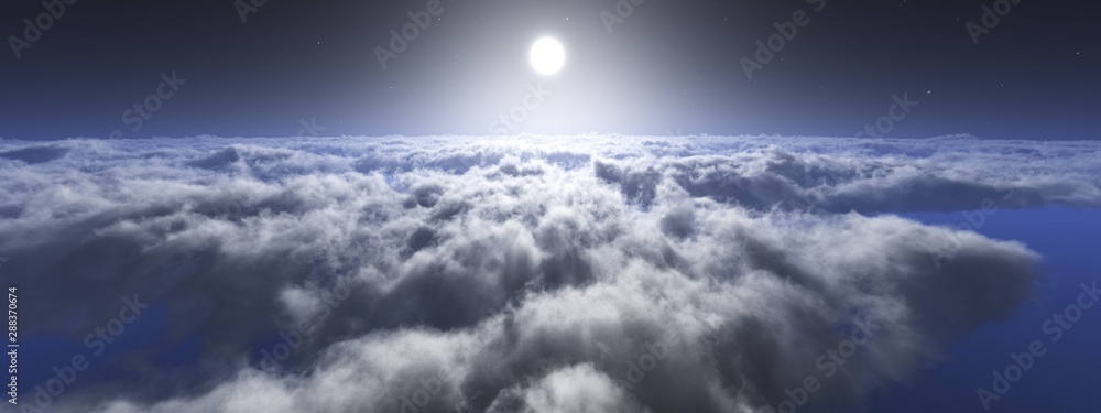 Obraz premium Panorama of clouds. Above the clouds. The moon in the clouds. Sunset over the clouds. 3d rendering.