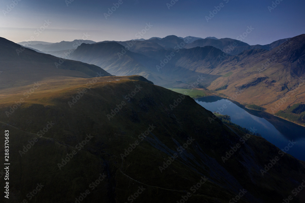 An Aerial Drone over High Snockrigg Fell of Buttermere a Lake in the English Lake District