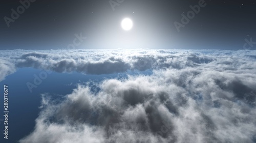 Panorama of clouds. Above the clouds. The moon in the clouds. Sunset over the clouds. 3d rendering.