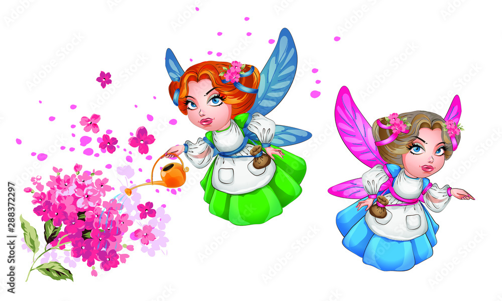 Fototapeta premium A cute FAIRY with wings and a vintage dress, fairy watering can watering flowers