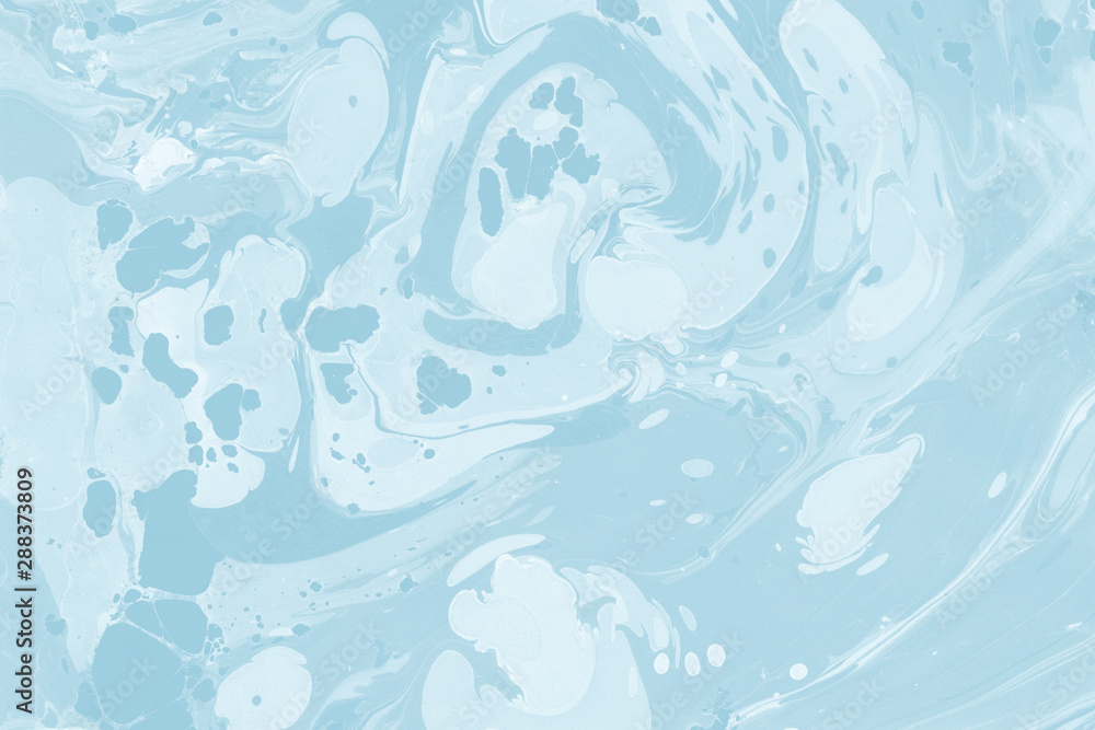 Bright blue marble ink paper textures on white background. Chaotic abstract organic design.	