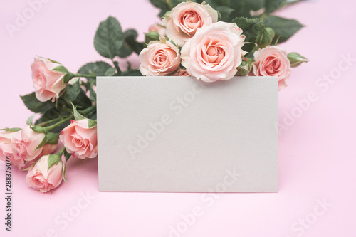 empty pink paper sheet and buds of pink roses, festive background, copy space