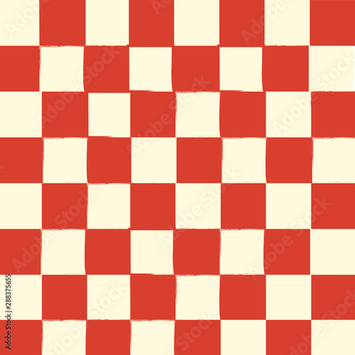 Hand drawn hartvig chess pattern in retro style red yellow white colors. Seamless texture with chess figures elements