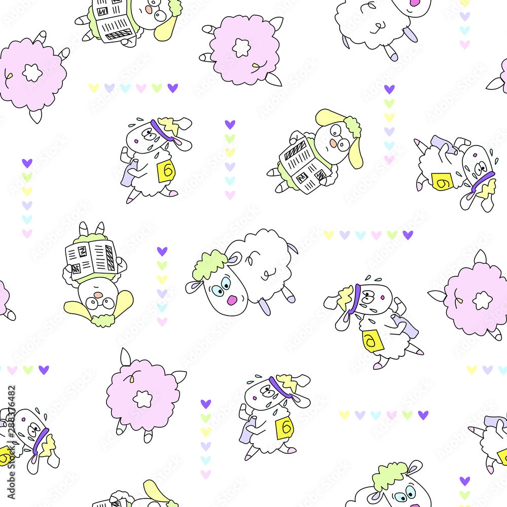 Super cute hand drawn vector sheep and lambs endless texture. Seamless pattern for children design with funny sheep washing, singing, reading, k shy, peek-a-boo, counting. Super cute hand drawn vector sheep and lambs endless texture. Seamless pattern for children design with funny sheep washing, singing, reading, k shy, peek-a-boo, counting.