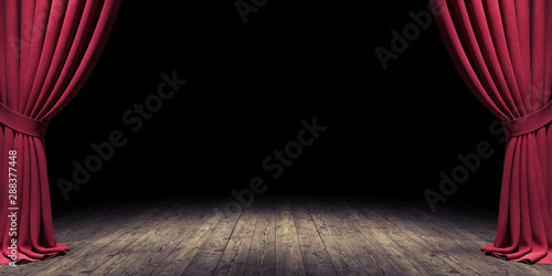 Wooden Stage with open red velvet curtain 3d render 3d illustration