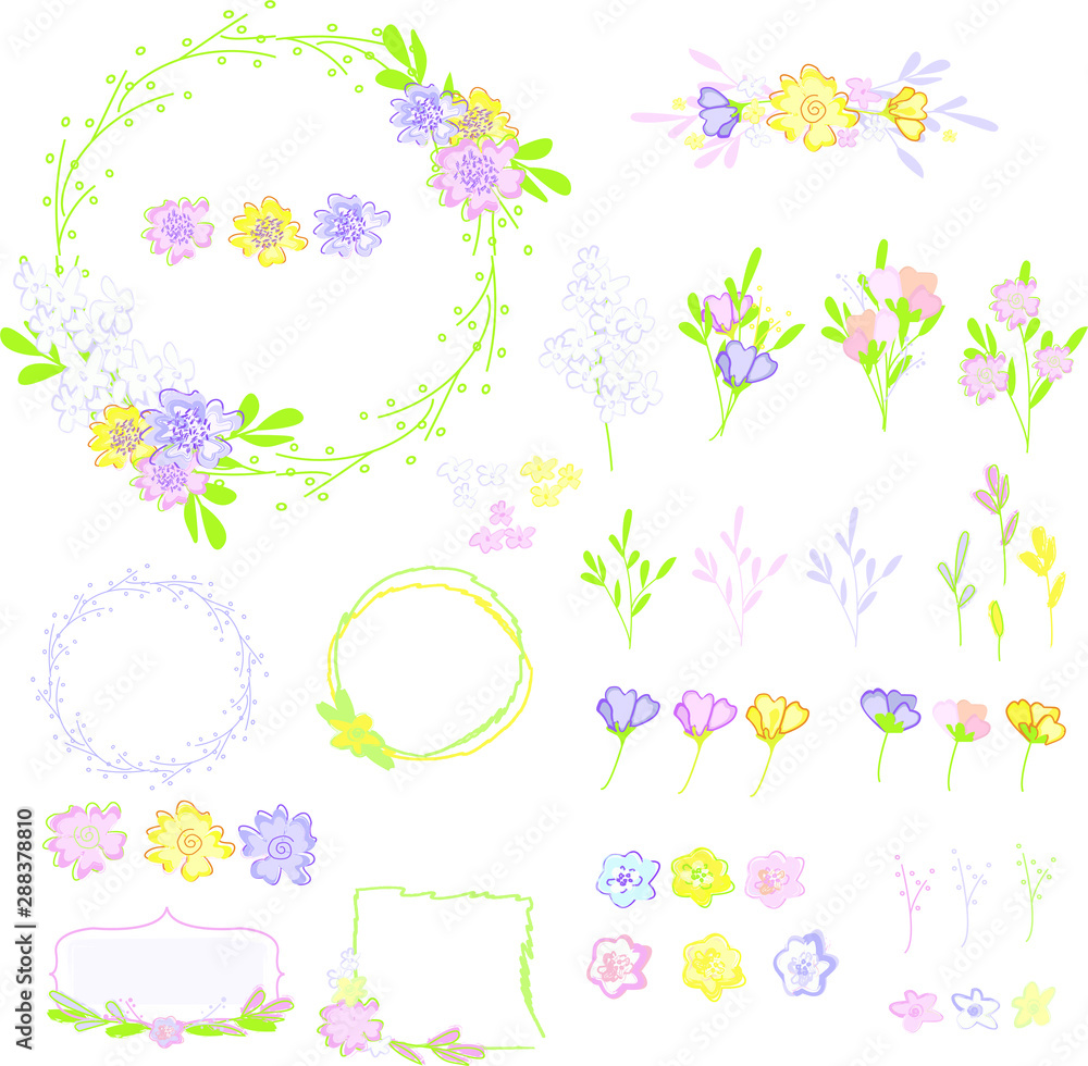 Hand drawn floral square wreath and seamless brush with tender elements in pastel colors. Elegant  endless floral bruches with doodle flowers and leaves blue, yellow, pink, violet and green on white