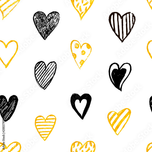 set of hearts Seamless hand drawn pattern with golden and black hearts. Elegamt endless texture with doodle hearts on white background photo