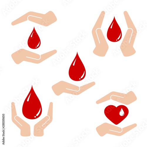 Vector set flat design handbreadth around red blood drop, heart with blood drop inside isolated on white background.
