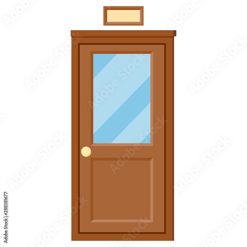 Vector flat design closed school classroom door with glass,nameplate icon, entrance door isolated on white backgroud.