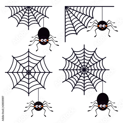 Vector set of different cute smiling black spiders hanging on a string of cobwebs with spederwebs icon isolated on white background.
