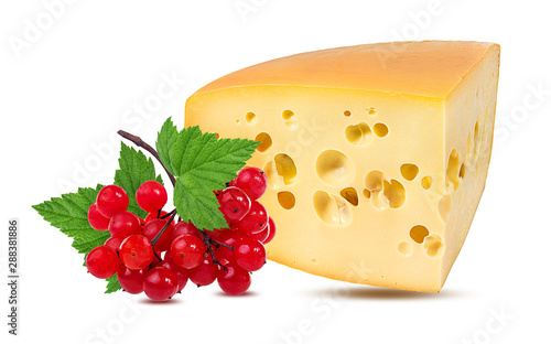 Fresh cheese and viburnum isolated on white background