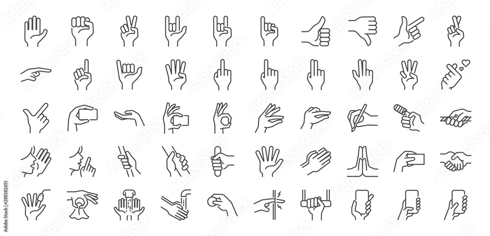 Hand gestures line icon set. Included icons as fingers interaction,  pinky swear, forefinger point, greeting, pinch, hand washing and more.