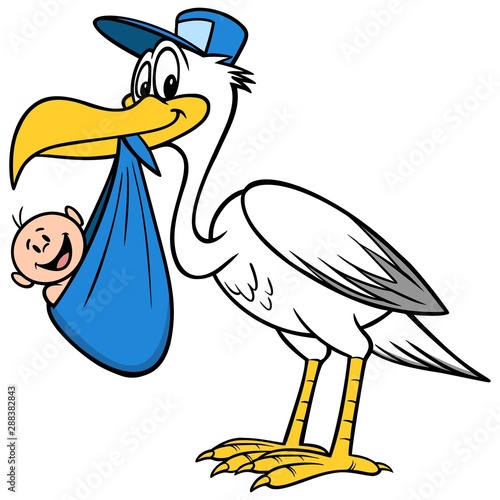 Stork with a Baby Boy - A cartoon illustration of a Stork with a Baby Boy.