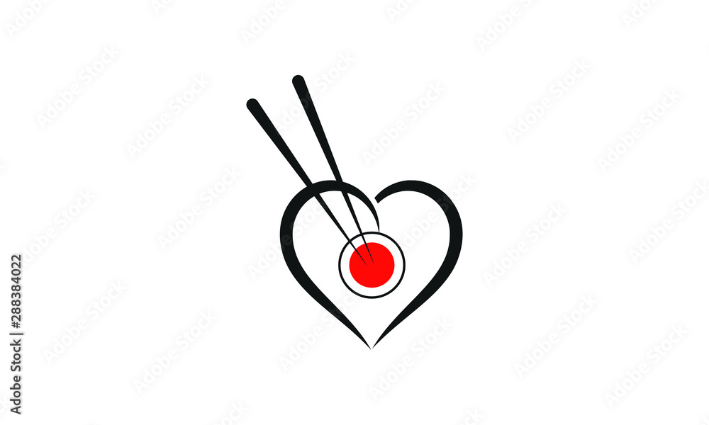 Oriental Japanese Sushi logo design with love sign inspiration, Vector Icon Style Illustration Logo of Asian Street Fast Food Bar or Shop, Sushi, Maki, Onigiri Salmon Roll with Chopsticks, Isolated Oriental Japanese Sushi logo design with love sign inspiration, Vector Icon Style Illustration Logo of Asian Street Fast Food Bar or Shop, Sushi, Maki, Onigiri Salmon Roll with Chopsticks, Isolated