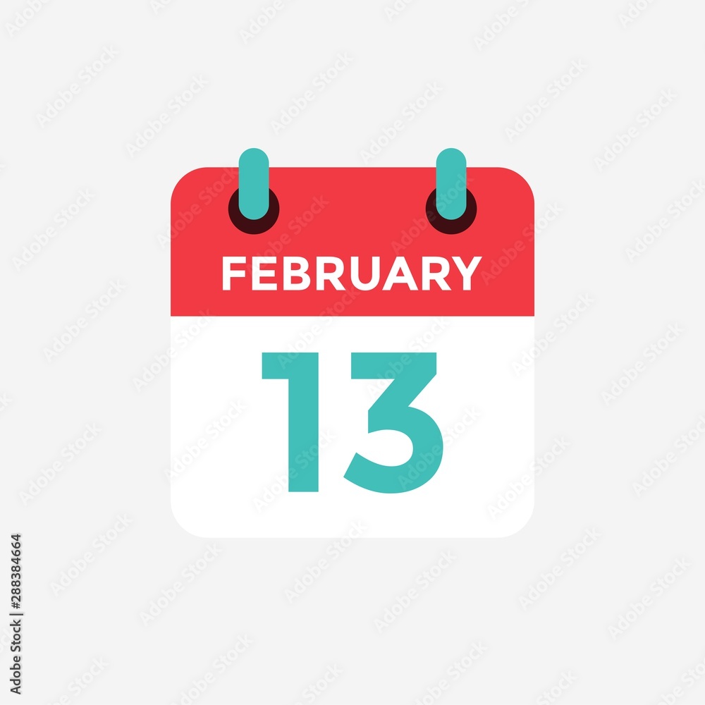Flat icon calendar 13 of February. Date, day and month. Vector illustration. Flat icon calendar 13 of February. Date, day and month. Vector illustration.