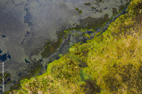 aerial abstract image of water and algae patterns at Lagoa Branca caldera crater on the Azores island of Ilha das Flores