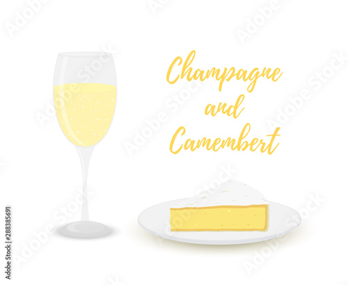 Vector champagne with camembert, glass with alcohol and dairy product.