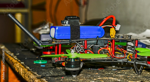 DIY drone on a workbench,side view