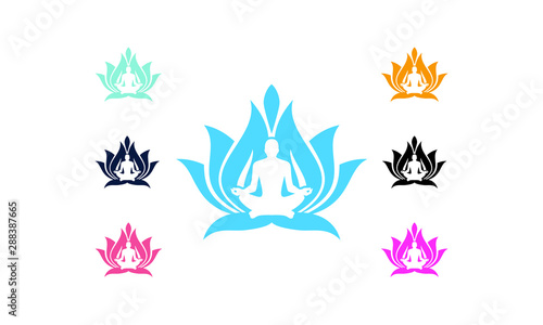 Yoga Logo Template, Lotus flower logo with human silhouette, Yoga logo vector emblem, Yoga pose vector logo design template. Beauty, Spa, Relax, Massage, Meditation, concept icon. yoga colorful design