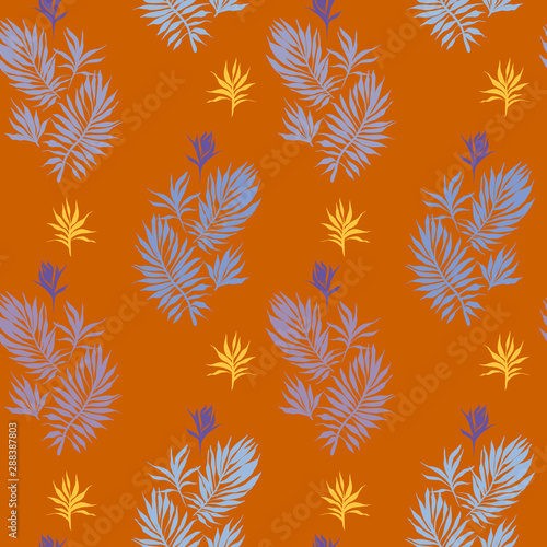 Abstract tropical plants pattern. Hand drawn fantasy exotic sprigs. Seamless floral background made of herbal foliage leaves for fashion design, textile, fabric and wallpaper.