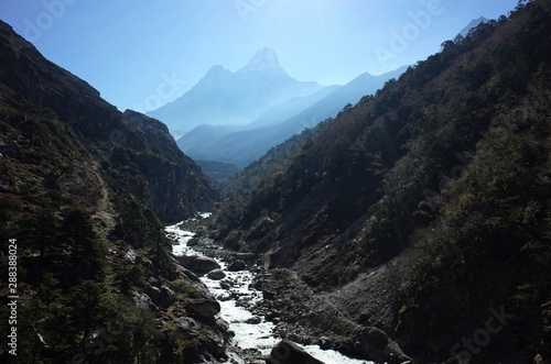 Morning view of Imja Khola river with Ama Dablam mountain background, Sagarmatha national park, Solukhumbu, Nepal photo