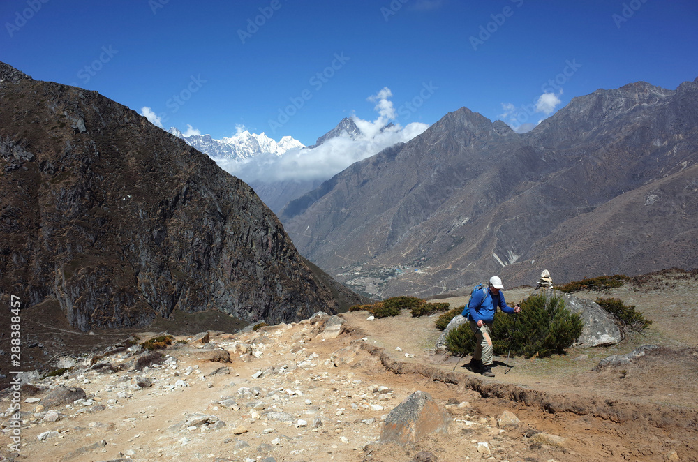 Trekker on the trail to Ama Dablam base camp - acclimatization day walk from Pangboche village, Everest trek, Sagarmatha national park, Solukhumbu, Nepal