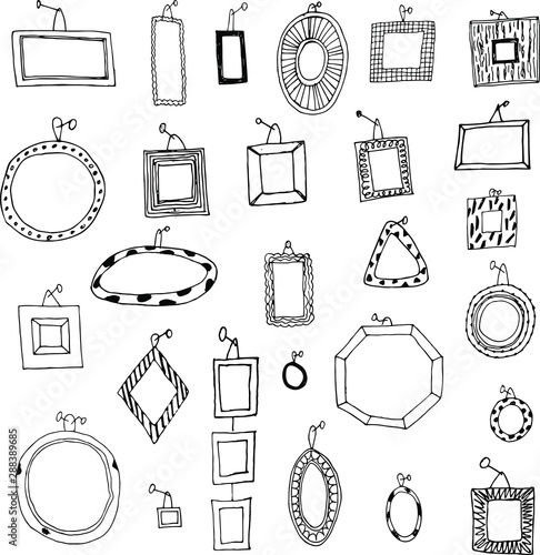 Set of cute doodle frames isolated on white background. Cartoon funny picture frames hanging on the wall