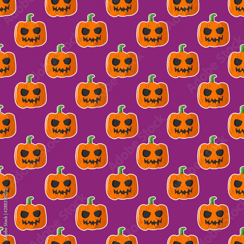 Halloween seamless pattern with cute Halloween pumpkin on purple background, Vector cartoon Illustration