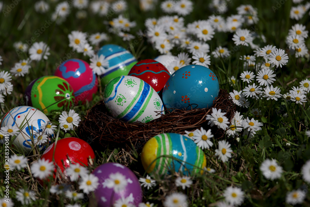 Easter eggs in daisy flowers. Easter eggs in daisy flowers.