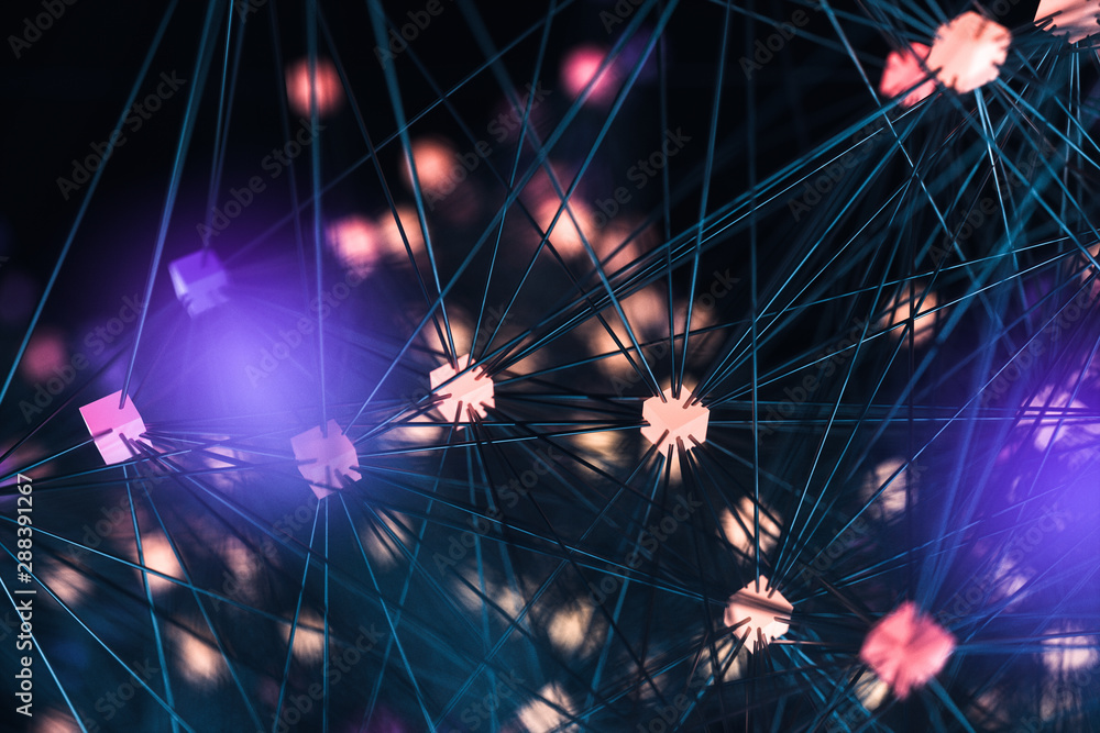 Obraz premium Glowing nodes with variational lines, 3d rendering