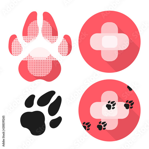 Set of Ikons with Veterinary Care Thematik. Dog Paw and Cross Made from Medical Patchs. photo