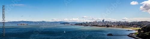 Large panorama of the the San Francisco skyline, alcatraz island and crissy field