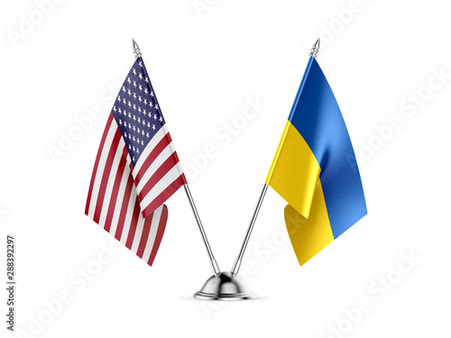 Desk flags, United States  America  and Ukraine, isolated on white background. 3d image