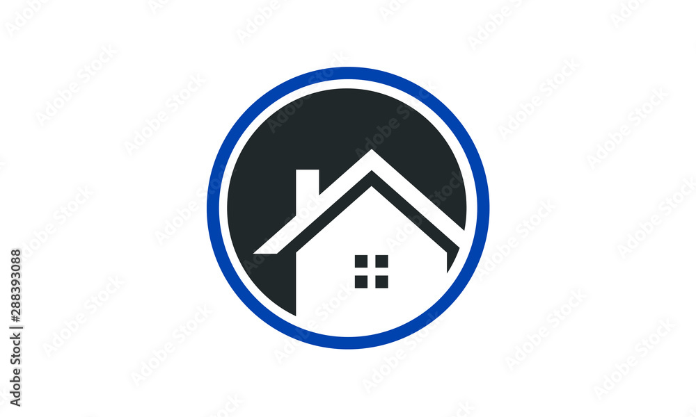 Fototapeta premium Modern minimalist house icon inside a blue circle with a white background