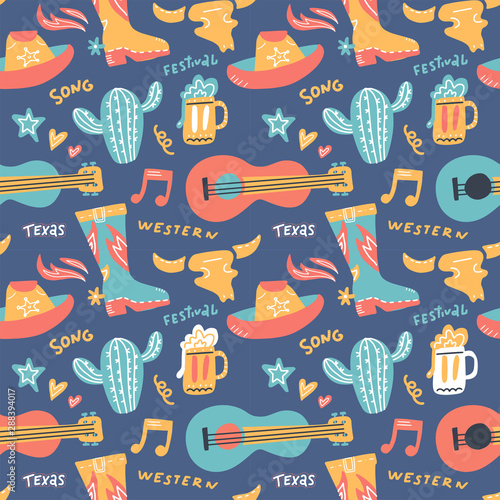 Seamless pattern with country music elements. Music background. Vector flat hand drawn doodle illustration