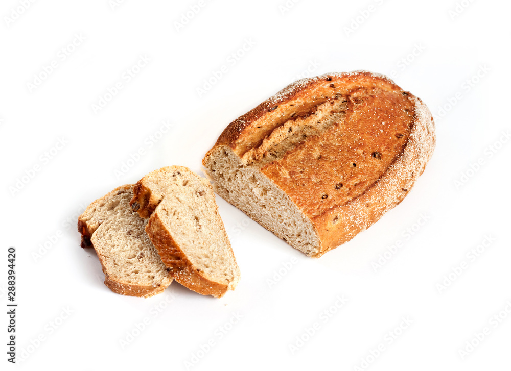 Loaf of whole wheat bread with slices isolated on white background