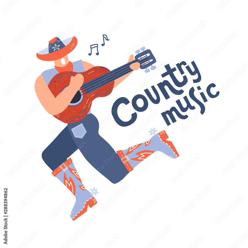 Back view of young country style singer with guitar. Modern man character in cowboy hat. Concept or print for festival banner. Vector flat hand drawn doodle illustration with lettering. Back view of young country style singer with guitar. Modern man character in cowboy hat. Concept or print for festival banner. Vector flat hand drawn doodle illustration with lettering.