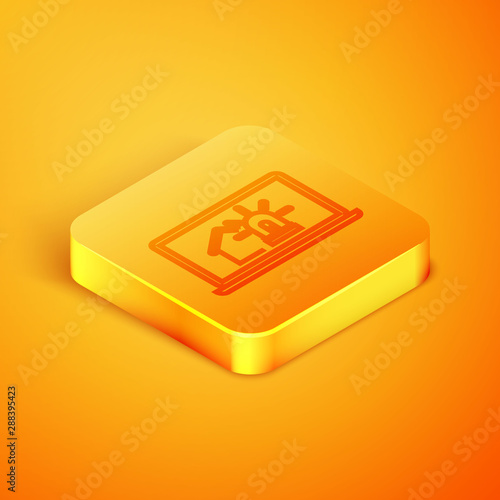 Isometric line Laptop with smart house and alarm icon isolated on orange background. Security system of smart home. Orange square button. Vector Illustration