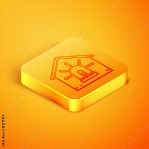Isometric line Smart house and alarm icon isolated on orange background. Security system of smart home. Orange square button. Vector Illustration
