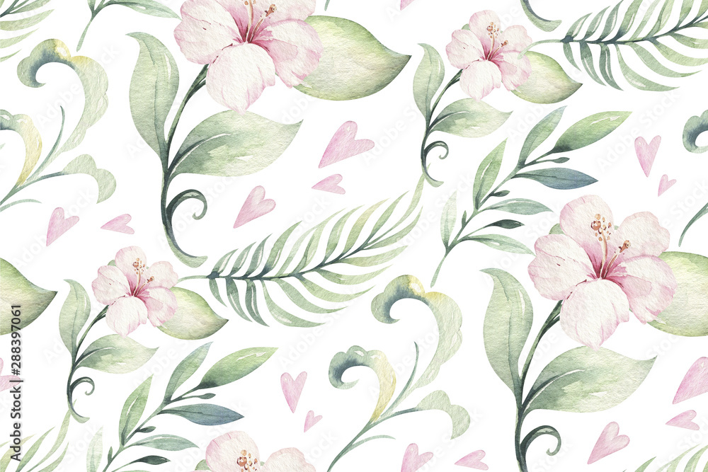 Hand drawn watercolor tropical flower seamless pattern. Exotic palm leaves, jungle tree, brazil tropic botanical decoration botany elements and flowers. Perfect for fabric design.