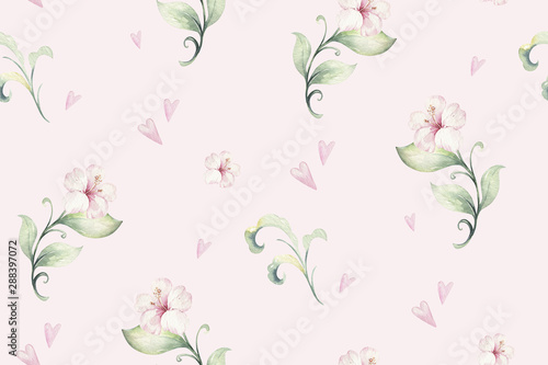 Hand drawn watercolor tropical flower seamless pattern. Exotic palm leaves, jungle tree, brazil tropic botanical decoration botany elements and flowers. Perfect for fabric design.