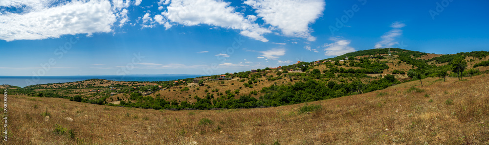 Natural landscape. Panoramic view on the Cape Emine. The Bulgarian Black Sea Coast In the background, the village of Emona.