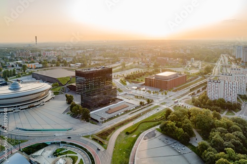 Aerial drone view of Katowice at sunrise. Katowice is the largest city and capital of Silesia voivodeship.