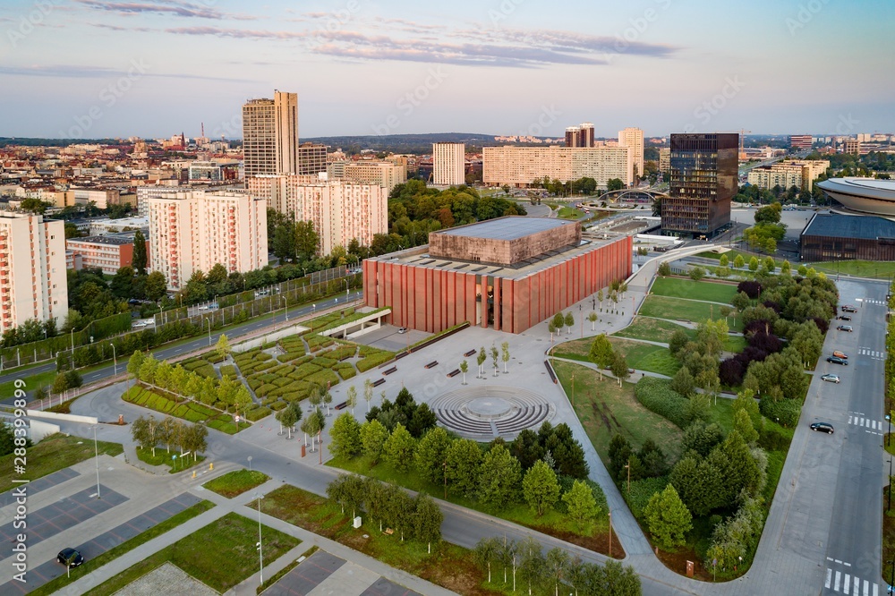 Drone view of Katowice at sunrise. Katowice is the largest city and capital of Silesia
