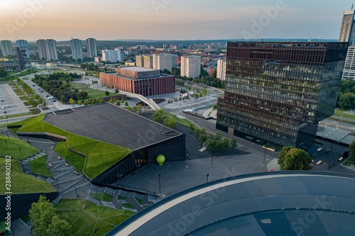 Aerial drone view of Katowice at sunrise. Katowice is the largest city and capital of Silesia voivodeship. photo