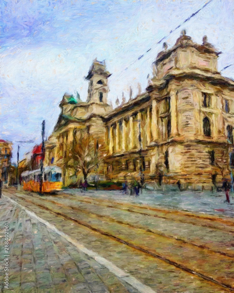 Fototapeta premium Digital oil painting on canvas old european architecture view. Historical touristic place and buildings. Modern impressionism art. Artistic bush strokes artwork of europe travel. Postcard design print